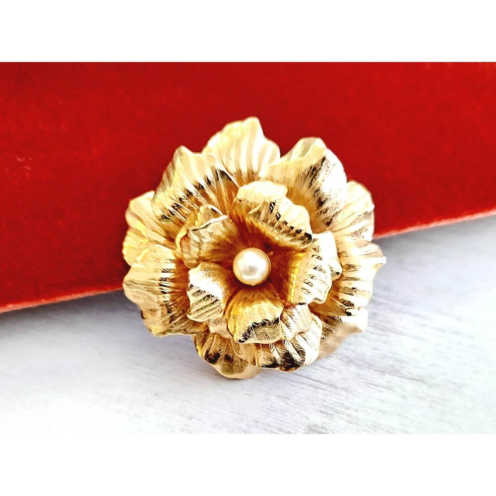 Vintage Goldtone Rose Brooch Textured Petals with Faux Pearl Center
